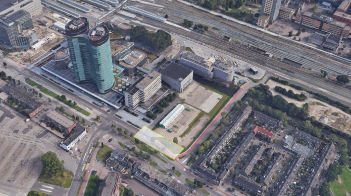Luchtfoto met plangebied Ondaatje. Ondaatje is een nieuwbouwproject aan de Croeselaan aan de Jaarbeurszijde van het centrum.